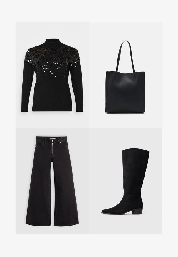 Juodas megztinis su aukštu kaklu ir ilgomis rankovėmis; papuoštas juodais ir sidabriniais blizgučiais viršutinėje dalyje, kad suteiktų papildomo tekstūriškumo.; Plačios kojų džinsai iš juodo džinsinio audinio su užtrauktuku priekyje, penkių kišenių dizainu ir subtiliais siuvinėjimo akcentais. Lygus paviršius ir laisvalaikio stilius.; Juoda zomšinė iki kelio batai su žemu blokiniu kulnu ir smailiu pirštu, pateikta šoninėje pusėje ant paprasto šviesiai pilko fono.; Juodas odinis tote krepšys su lygia tekstūra, stačiakampio formos ir dviem ilgais rankenomis. Matomų metalinių detalių ar puošybos nėra.