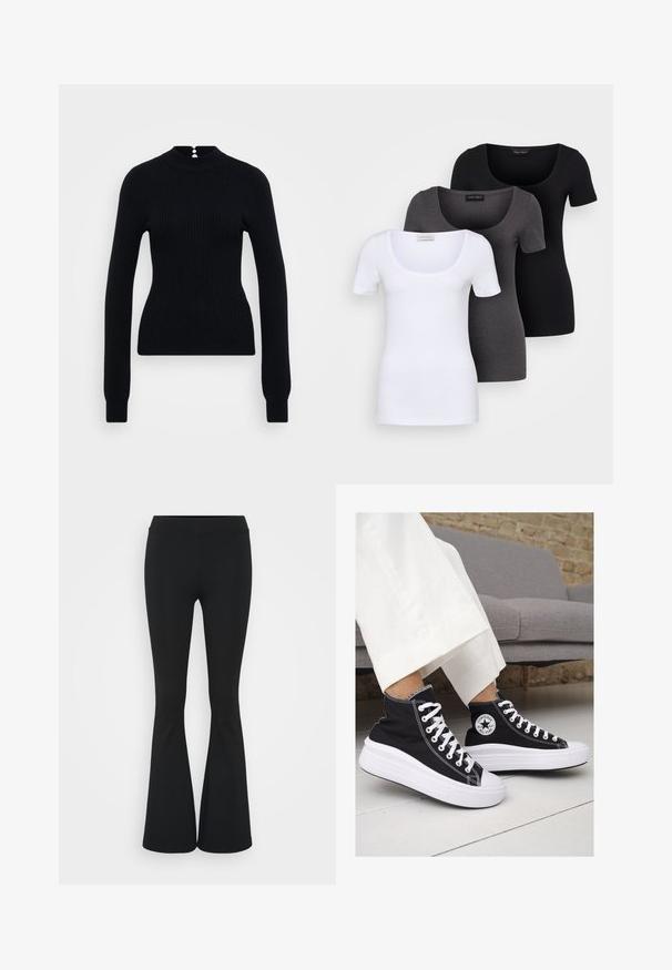 Svart ribbad tröja med hög halsringning och långa ärmar. Har en knappdetalj på baksidan och en figurnära silhuett.; Tre åtsittande T-shirts i vitt, grått och svart. Var och en har en bred rundad halsringning och korta ärmar. Tillverkade av mjukt, stretcht tyg.; Svarta utsvängda byxor i elastiskt tyg med hög midja och en mjuk textur. Byxorna vidgar sig från knäet.; Svarta canvas högskor med vita gummisulor och snören. Har en cirkulär logotyp på sidan och kontrasterande vit sömnad.