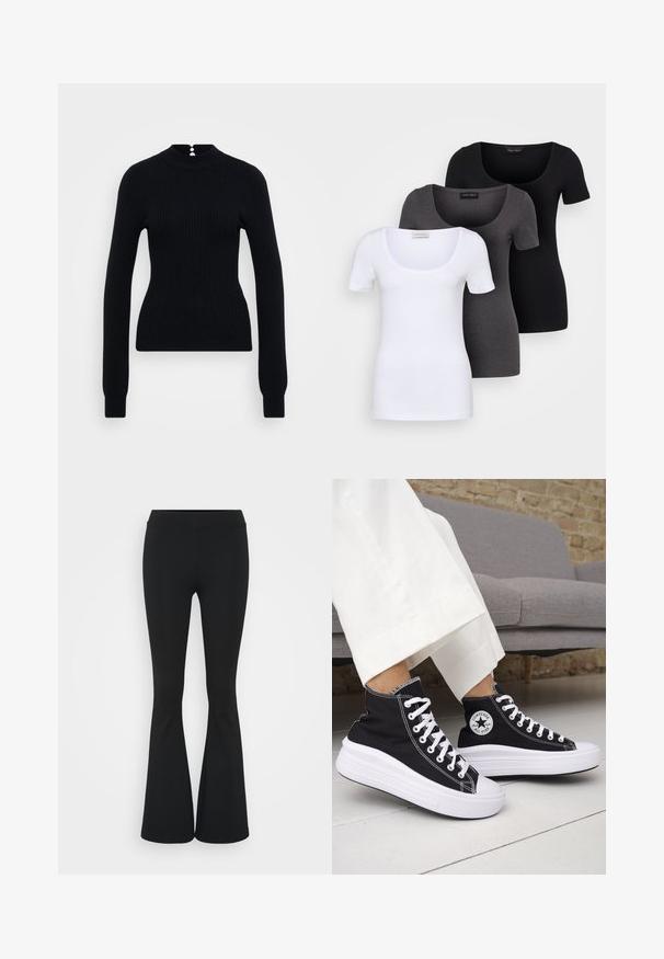 Melnas ribotu adījumu džemperis ar augstu apkakli un garām piedurknēm. Aizmugurē ir pogu akcents, un tam ir pieguļoša siluets.; Trīs pieguļoši T-krekli baltā, pelēkā un melnā krāsā. Katram ir plaša izgriezuma kakla un īsas piedurknes. Izgatavoti no gluda, elastīga auduma.; Melnas izplešanās bikses, izgatavotas no elastīga auduma, ar augstu vidukli un gludu tekstūru. Bikses izvēršas no ceļa.; Melnas augstās topa kedas ar baltām gumijas zolēm un auklām. Tās ir ar apaļu logotipa uzšuvumu un kontrastējošām baltām šuvēm. Materiāls no kanvas.