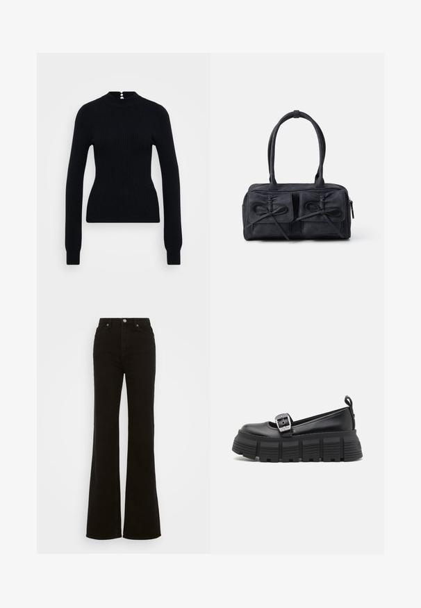 Black ribbed sweater with a high neckline and long sleeves. Features a button accent at the back and a fitted silhouette.; High-waisted black flared jeans made of denim, featuring a button closure, side pockets, and a smooth texture.; Black platform loafers with a rounded toe, smooth leather upper, adjustable buckle, and textured rubber sole featuring horizontal ridges.; Black fabric handbag with two front pockets featuring bow details, dual handles, and zip closure. Soft texture and rectangular shape.