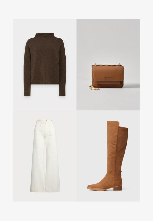 Barna, magas nyakú pulóver, mely puha, texturált anyagból készült. Hosszú ujjakkal és laza szabással rendelkezik, esősebb vállvarrással.; Rövid ujjú, csíkos felső krém és tengerészkék színben, kerek nyakkivágással és dobozos fazonnal, texturált anyagból.; Széles szárú farmernadrág off-white denim anyagból. Magas derekú dizájn, gombos záródással, két elülső zsebbel és kontrasztos varrási részletekkel.; Magas barna velúr csizmák, lekerekített orral, mérsékelt blokk sarkal és egy varrás részlet az oldalukon. Simább textúrájukkal és egyszerű dizájnjukkal rendelkeznek.; Barna textúrájú bőr keresztbody táska arany lánc pánttal és fedélzárral. Az elején logó részlet és egy zseb található a fedél alatt.