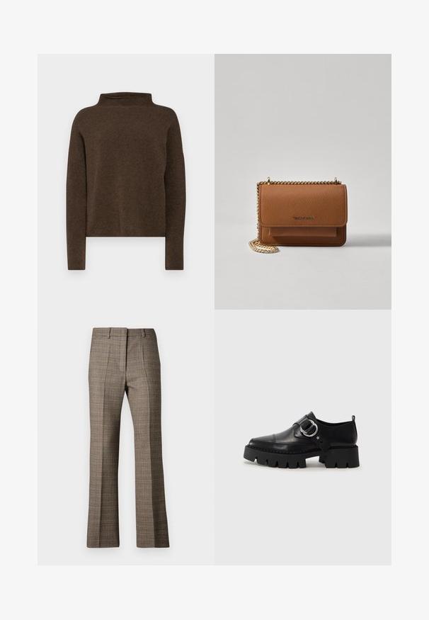 Pull en laine marron avec col montant, fabriqué en tissu doux et texturé. Il dispose de manches longues et d'une coupe décontractée avec des coutures d'épaule tombantes.; Pantalons à carreaux marron avec une coupe droite, présentant un tissu texturé et des couleurs subtiles de beige et de bruns plus foncés dans tout le motif.; Chaussures noires en cuir avec une semelle épaisse et côtelée, présentant un accent en métal argenté circulaire et des détails de couture minimalistes.; Sac en cuir texturé marron en bandoulière avec une sangle en chaîne dorée et une fermeture à rabat. L'avant présente un détail de logo et une poche sous le rabat.