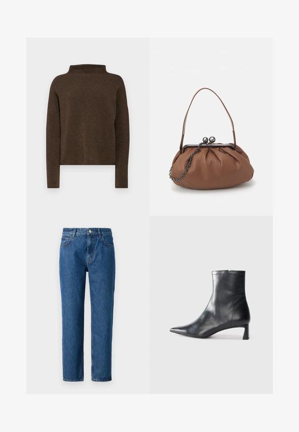 Barna, magas nyakú pulóver, mely puha, texturált anyagból készült. Hosszú ujjakkal és laza szabással rendelkezik, esősebb vállvarrással.; Kék farmernadrág egyenes fazonnal, gombos záródással, övbuclemmel és elülső zsebekkel. Texturált pamutszövetből készült.; Fekete bőr bokacsizma hegyes orral és letisztult dizájnnal. Alacsony sarka és hátsó cipzáras záródása van. Simának tűnő textúra.; Barna bőr kézitáska, ráncolt dizájnnal, rövid bőr fogantyúval és lánc pánttal. Ezüst fém zárja két kerek díszítéssel rendelkezik.
