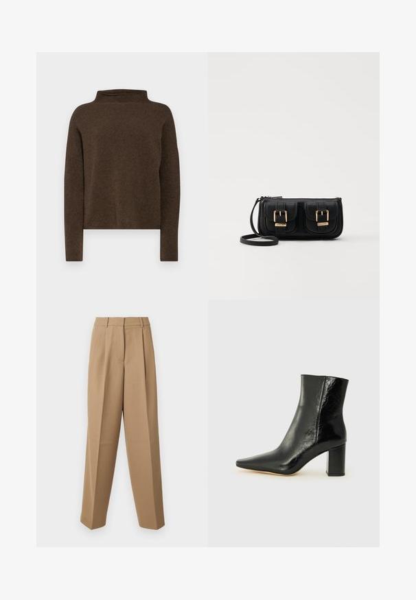 Brun, mock neck genser laget av myk, teksturert stoff. Har lange ermer og en avslappet passform med droppede skuldersømmer.; Beige skræddersyede bukser med høj talje, plisseret front og brede ben. Stof virker glat med en let glans.; Svart ankelstøvel laget av blankt lær med spiss tå og en robust, firkantet hæl. Har en glatt tekstur og en minimalistisk design.; Svart skinn crossbody veske med to frontlommer, gyldne spenner, glidelåslukking og en slank stropp. Teksturert overflate og kompakt rektangulær form.