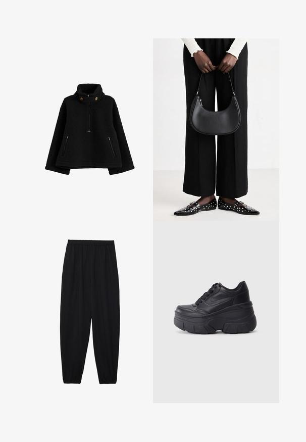 Sudadera de forro polar negra con un collar alto, cierre de cremallera en la parte delantera y dos bolsillos laterales con cremallera; cuenta con botones redondos en el collar.; Pantalones negros, ligeros, con cintura elástica y tobillos fruncidos. La tela es suave y presenta un diseño relajado y ajustado.; Zapatillas negras con cordones y suela gruesa, con parte superior de cuero suave, punta redondeada y un diseño de plataforma en capas distintivo.; Bolso de hombro de cuero negro con forma redondeada, acabado brillante y herrajes plateados. Persona vistiendo pantalones anchos negros y mocasines con tachuelas.