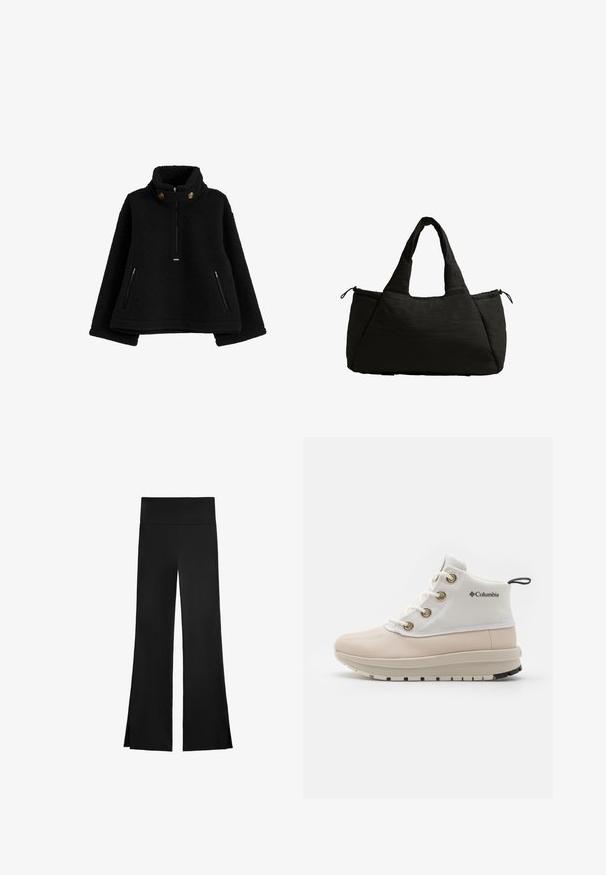 Mustat fleece-pusero, jossa on korkea kaulus, vetoketjullinen etuosa ja kaksi vetoketjullista sivutaskua; kauluksessa on pyöreitä nappeja.; Mustat housut leveällä lahkeella, joissa on korkea vyötärö ja sivuaukot liikkumisen helpottamiseksi. Valmistettu sileästä ja joustavasta kankaasta.; Keveä, beige vedenpitävä saappaat, joissa on valkoinen kangasylläosa, kultaiset rei'itykset ja paksu kermaisa pohja. Logo näkyy sivulla.; Musta kangaskassi, jossa on paksu tekstuuri, kaksi lyhyttä kahvaa ja sivutasku, joka on suljettu nyörillä. Yksinkertainen, kulmikas muotoilu.