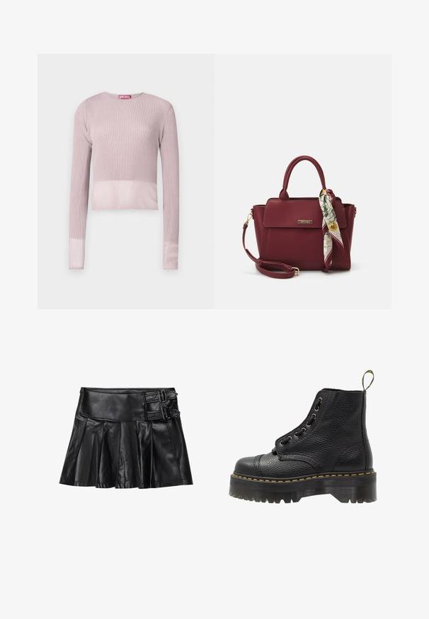 Prążkowany, długi sweter o krótkiej długości w delikatnym różu z okrągłym dekoltem i lekko przezroczystymi mankietami, z metką marki w kontrastującym czerwonym kolorze.; Czarna skórzana spódnica z plisami, szerokim pasem i dwoma detalami w postaci klamer z boku. Gładka faktura o błyszczącym wykończeniu.; Czarne skórzane botki za kostkę o fakturowanej powierzchni, okrągłym nosku, sznurowanym designie, żółtych szwach i grubej, żłobionej czarnej podeszwie.; Burgundowa torebka wykonana z materiału syntetycznego, o strukturalnym designie, z odpinanym paskiem i chustą w kwiatowy wzór związaną na uchwycie.