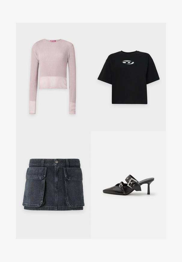 Rosszban, puha rózsaszín, bordázott, hosszú ujjú cropped pulóver, kerek nyakkal és enyhén áttetsző mandzsettával, kontrasztos vörös márkacímkével.; Fekete pamut póló, cropped fazonnal, rövid ujjakkal és kerek nyakkivágással. Különböző színű ovális logóval a mellkason.; Fekete farmer szoknya, illeszkedő derékkal, gombos záródással, két nagy elülső zsebbel és kontrasztos varrási részletekkel.; Fekete magassarkú mules, hegyes orral, sima bőrből készült. Széles bokapántja van, négyzet alakú ezüst csattal és szegecsekkel.
