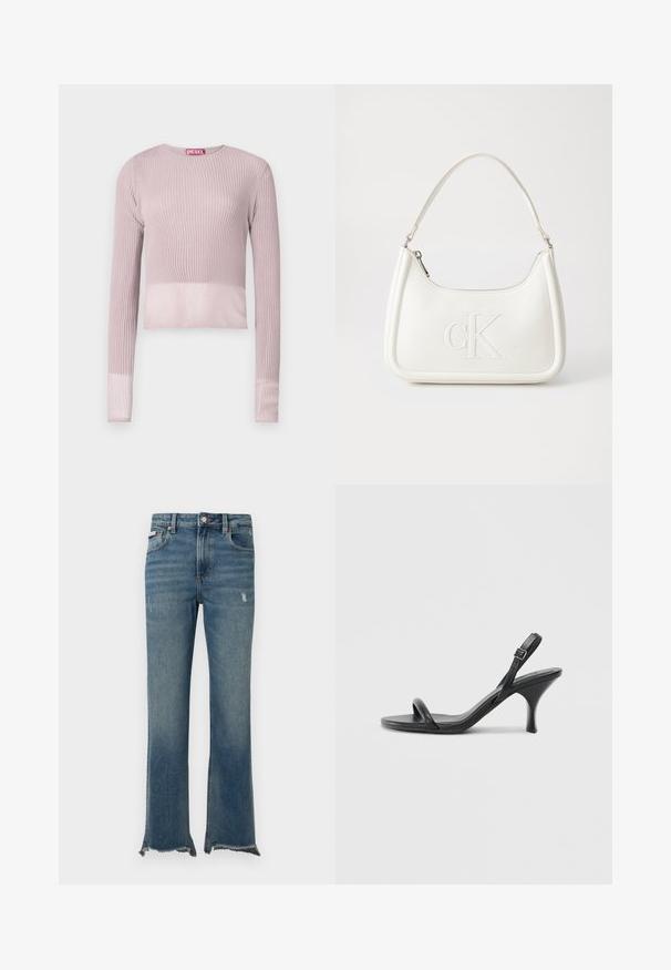 Ribbed long-sleeve cropped sweater in soft pink with round neck and slightly sheer cuffs, featuring a brand label in contrasting red.; Blue denim jeans with slight distressing, raw frayed hems, front pockets, belt loops, and a button closure.; Black leather high-heeled sandals with a slim, curved heel and a crossed strap design. Adjustable ankle strap. Smooth texture.; White leather handbag with a curved shape, featuring an embossed "CK" logo on the front and a single shoulder strap. Zipper closure at top.