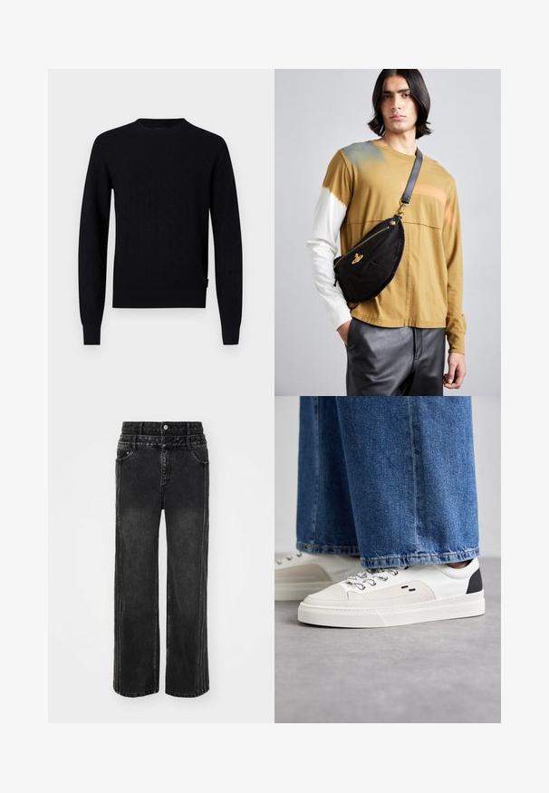 Black knitted sweater with a diamond pattern, crew neck, long sleeves, and ribbed cuffs and hem. Made from a soft, textured fabric.; Wide-leg black denim jeans with a faded finish, featuring a button closure, five pockets, and contrasting stitching along the sides.; White and black sneakers with a smooth leather upper, textured accents, and a chunky white sole. Features a classic lace-up design.; Vivienne Westwood CITY BUMBAG UNISEX - Bum bag - black; AGNELLE RICK - Gloves - tmoka