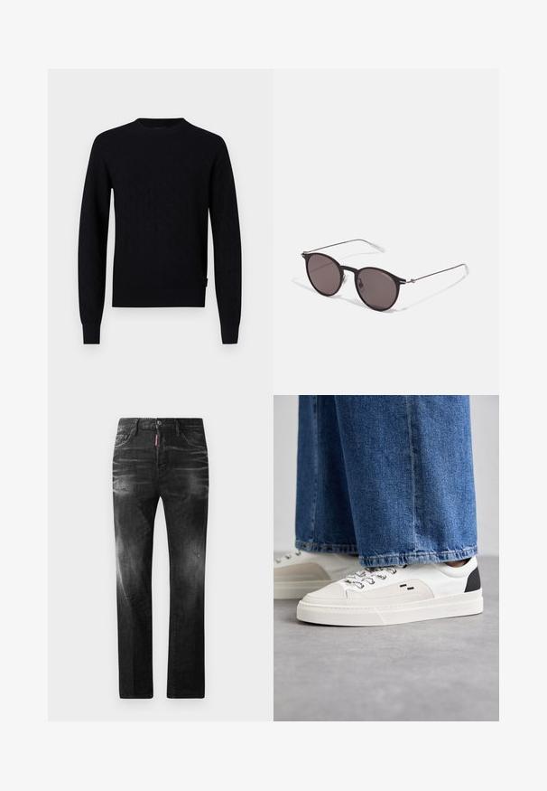 Black knitted sweater with a diamond pattern, crew neck, long sleeves, and ribbed cuffs and hem. Made from a soft, textured fabric.; Black denim jeans with a straight fit. Features faded areas, minor distressing, classic five-pocket design, and a button closure.; White and black sneakers with a smooth leather upper, textured accents, and a chunky white sole. Features a classic lace-up design.; Black round sunglasses with dark lenses and slim metal arms. Includes clear temple tips and silver accents at the hinge. Minimalist design.