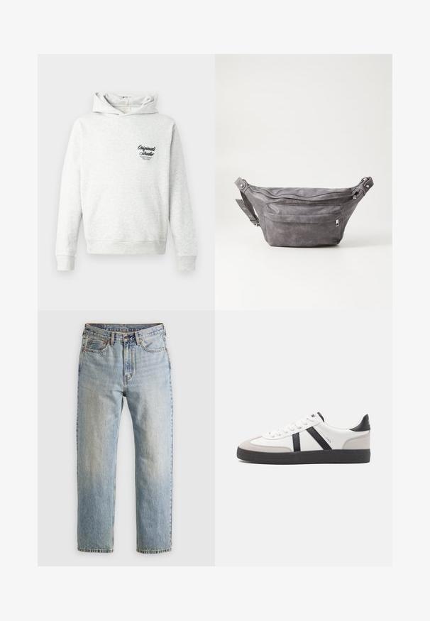 Felpa grigia in tessuto morbido, con tasca frontale, polsini a coste e un logo ricamato "Originals Studio" sul petto.; Jeans in denim azzurro chiaro con vita alta, bottone anteriore, cerniera e design a cinque tasche, adagiati su uno sfondo neutro.; Sneaker bianco con accenti neri e grigi, dotata di una punta grigia testurizzata, suola in gomma nera e lacci bianchi piatti. Design pulito, stile minimalista.; Fanny pack in suede grigio con forma arrotondata, due scomparti con cerniera e tracolla regolabile. Presenta dettagli in metallo.
