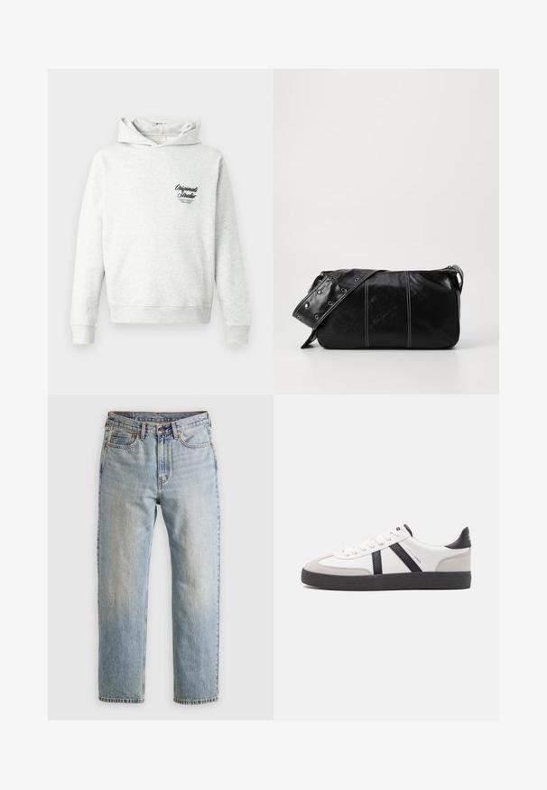 Felpa grigia in tessuto morbido, con tasca frontale, polsini a coste e un logo ricamato "Originals Studio" sul petto.; Jeans in denim azzurro chiaro con vita alta, bottone anteriore, cerniera e design a cinque tasche, adagiati su uno sfondo neutro.; Sneaker bianco con accenti neri e grigi, dotata di una punta grigia testurizzata, suola in gomma nera e lacci bianchi piatti. Design pulito, stile minimalista.; Borsa a spalla in pelle nera con chiusura a zip, caratterizzata da un corpo testurizzato, cuciture bianche e una tracolla con occhielli in argento.