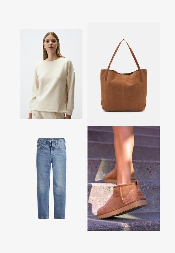 Felpa color crema, in morbido cotone, vestibilità rilassata, scollatura a girocollo, spalle cadenti, spacchetti ai lati dell'orlo, design minimalista.; Jeans in denim blu chiaro con taglio dritto, design a cinque tasche e chiusura con bottone. Presentano una leggera sbiaditura e dettagli in cucitura arancione.; Stivali alla caviglia in suede beige con una consistenza morbida, dettagli cuciti e suola in gomma, dotati di un tacco ad anello per una facile vestibilità.; Borsa a spalla in suede marrone con due manici lunghi, caratterizzata da una texture liscia, design semplice e senza hardware o dettagli visibili.
