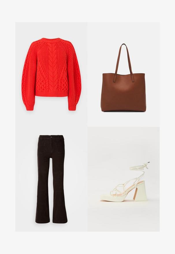Roter Kabelstrickpullover mit strukturierten Mustern, einem runden Halsausschnitt und geripptem Saum. Entworfen mit langen, leicht puffärmeligen Ärmeln.; Braune Cordhose mit ausgestelltem Bein und strukturierter Oberfläche, ausgestattet mit einem vorderen Knopfverschluss, Gürtelschlaufen und zwei Gesäßtaschen.; Weiße High-Heel-Sandale mit einem klobigen Absatz, die über ein Riemchendesign und ein Knöchelband verfügt. Glatte Textur mit einer Plattform vorne für zusätzliche Höhe.; Braune Leder-Tote mit glatter Textur, offenem Oberteil und zwei Schulterriemen. Verfügt über minimale Nähte und keine sichtbaren Beschläge.