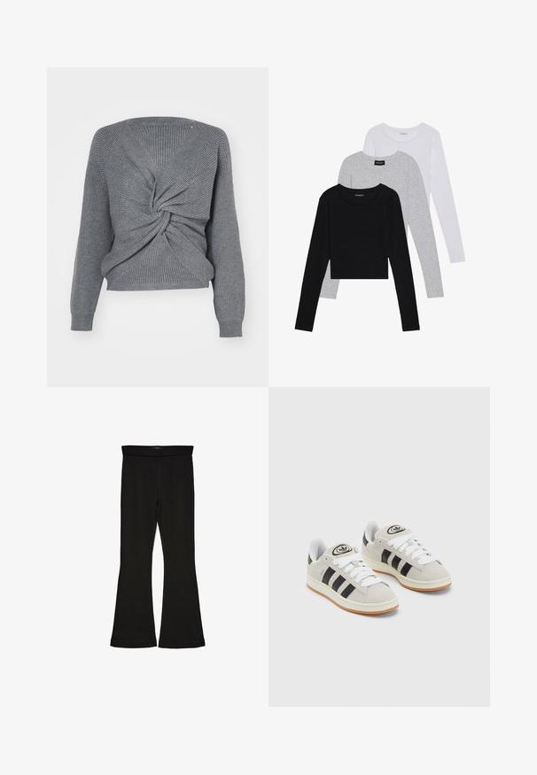 Szürke kötött pulóver csavart elülső dizájnnal, V-nyakkal, hosszú ujjal és bordázott textúrával. Puha anyag, cropped hosszúságú.; Három hosszú ujjú póló egymásra rakva: fekete, szürke és fehér. Mindegyiknek kerek nyaka van, és rövidített fazonnal rendelkezik, sima, könnyű anyagból készült.; Fekete trapéz leggings rugalmas anyagból készült. Széles derékpánttal és sima textúrával rendelkezik, illeszkedő sziluettje van, amely a szegélyen kigyullad.; Szürke velúr sportcipők fehér fűzővel, fekete csíkokkal és fehér gumitalppal. A nyelvén kör alakú logó található, illetve a talpa színes gumi.
