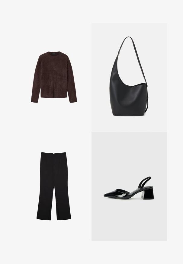 Ruskea mohairneuletakki, pehmeä tekstuuri, pyöreä kaula-aukko, pitkät hihat, rento istuvuus, ei näkyviä kiinnityksiä, minimalistinen muotoilu, tasainen väri.; Mustat housut suoralinjaisella leikkauksella, joissa on etutaskut ja sivurei'ät helman alla. Valmistettu pehmeästä ja sileästä kankaasta. Sopii eri tilaisuuksiin.; Mustat patentoitu nahkakengät, joissa on säären takaosa ja terävä kärki, sekä geometrinen palikkakorko. Sisältää tyylikkään, minimalistisen muotoilun ja sileän pinnan.; Musta nahkainen hobo-laukku, jossa on sileä pinta, kaareva muoto ja yksi säädettävä olkahihna; sisäänkäynti on leveä ylhäältä.
