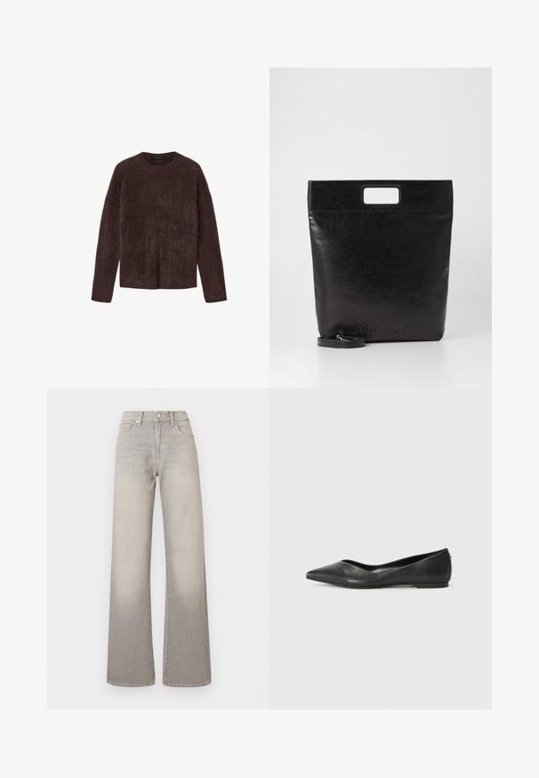 Rudas moheros megztinis, minkšta tekstūra, apvalus kaklas, ilgos rankovės, laisvas kirpimas, be matomų užsegimų, minimalistinis dizainas, vienodas atspalvis.; Pilki plačių kojų džinsai su išblukusiu apdailos efektu, mygtukų uždarymu, penkių kišenių dizainu ir siuvinėjimu palei siūles.; Juodas odinis baleto batelis su smailiu носu, žemu kulnu ir lygiu paviršiumi. Minimalistinis dizainas su subtiliu šoniniu akcentu.; Juoda odinė rankinė su kvadratiniu rankenu, su tekstūruotu paviršiumi ir įspaustu logotipu. Įeina nusiimama diržas.