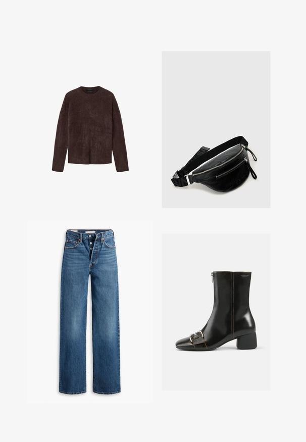 Brun mohairtröja, mjuk textur, rund hals, långa ärmar, avslappnad passform, inga synliga stängningar, minimalistisk design, jämn färg.; Blå denimjeans med bred bendesign, fem fickor, knappgylf och kontrasterande sömmar. Texturerad tyg med en blekt finish.; Svart läder ankelsko med rund tå, sidodragkedja och silverfärgad spänne. Har en kraftig klack och kontrasterande sömmar.; Svart lädermidjeväska med två fack med dragkedja, texturerad yta, justerbar rem och silverfärgade detaljer.