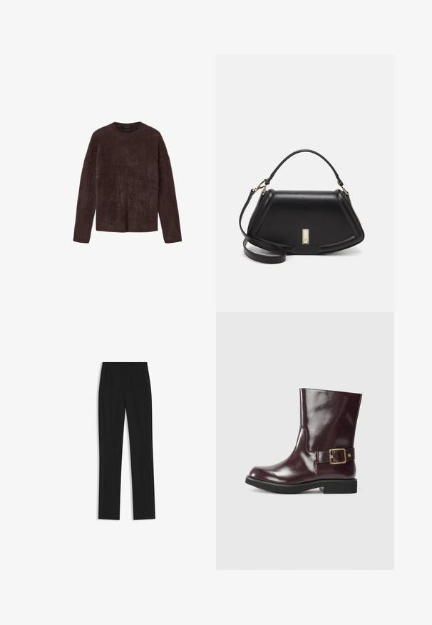Brown mohair sweater, soft texture, round neck, long sleeves, relaxed fit, no visible fastenings, minimal design, even coloration.; Black tailored trousers with a straight-leg design, featuring front pockets and a smooth, textured fabric. Neat, minimal detailing.; Burgundy leather ankle boot with a glossy finish, featuring a side buckle detail and a low, sturdy black heel. Smooth texture.; Black leather handbag with a structured design, featuring a cropped shape, top handle, and gold hardware accent. Adjustable shoulder strap included.