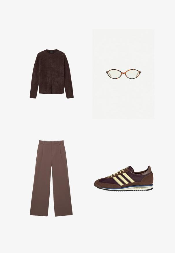 Brauner Mohairpullover, weiche Textur, Rundhalsausschnitt, lange Ärmel, lockere Passform, keine sichtbaren Verschlüsse, minimalistisches Design, gleichmäßige Farbgebung.; Weite Hosen aus einfarbigem braunem Stoff, mit einer glatten Textur, vorderen Falten und einem maßgeschneiderten Bund. Keine sichtbaren Logos oder Muster.; Braune und burgunderfarbene Sneaker aus Wildleder und Mesh-Materialien, mit drei cremefarbenen Streifen, strukturiertem Stoff an der Zunge und einer Gummisohle.; Schildpatt-Eyegläser mit ovalen Gläsern und einer eleganten, glatten Oberfläche. Mit dünnen Seiten und einer subtilen Kurve an den Schläfen. Klare Gläser.