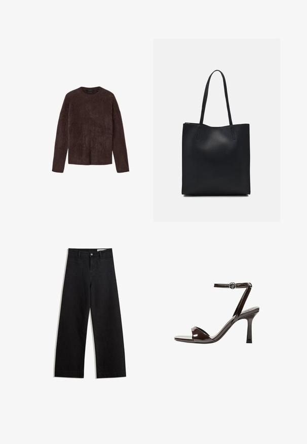 Barna mohér pulóver, puha textúrájú, kerek nyakú, hosszú ujjú, laza szabású, látható záródások nélkül, letisztult kialakítású, egyenletes színű.; Fekete, bő szabású farmernadrág magas derékkal, elülső és hátsó zsebekkel, varrott felületekkel és gombos záródással. Sima textúra.; Barna lakkbőr magassarkú szandál, bokaheggyel, nyitott orral és letisztult, minimalista dizájnnal. Négyzet alakú sarokkal rendelkezik.; Fekete bőrtáska sima felszínnel, téglalap alakú, két hosszú füllel. Nincs látható fémkiegészítő vagy díszítés.