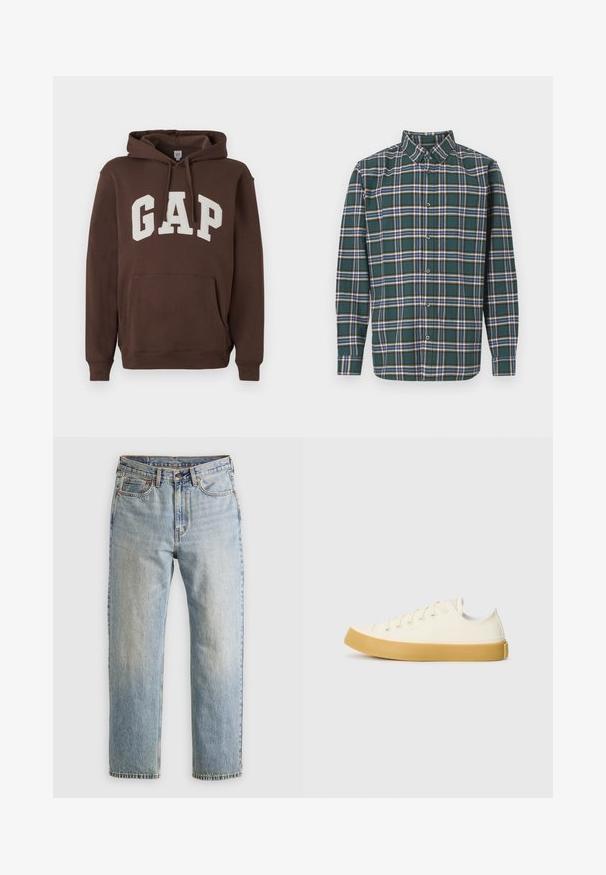 Hnědá mikina s kapucí a bílým logem "GAP", s přední kapsou, stahovací kapucí a žebrovanými manžetami a spodním lemem. Měkká textilie.; Zelená flanelová košile s kostkovaným vzorem, která obsahuje modré, bílé a hořčičně žluté pruhy. Zapínání na knoflíky a špičatý límec. Dlouhé rukávy.; Jednoduché světle šedé tričko s krátkým rukávem a kulatým výstřihem, vystavené na bílém pozadí, pohled zepředu bez viditelných log nebo designů.; Svetle modré džíny z denimu s vysokým pasem, předním knoflíkem, zipem a designem s pěti kapsami, ležící rovně na neutrálním pozadí.; Plátěné tenisky v krémové barvě s kulatou špičkou, s béžovými gumovými podešvami a pěti očky na tkaničky, texturovaný povrch horní části.