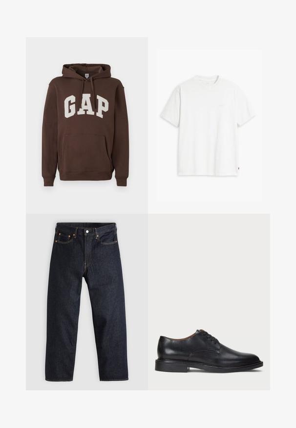 Felpa cappuccio marrone con logo "GAP" in bianco, dotata di tasca frontale, cappuccio con cordoncino e polsini e orlo a coste. Tessuto morbido.; T-shirt bianca in cotone con maniche corte, scollo rotondo e un sottile logo "Levi's" stampato in colore chiaro sul davanti.; Jeans in denim blu scuro con taglio dritto, cinque tasche, cuciture arancioni a contrasto e chiusura con bottone. Nessun motivo o decorazione visibile.; Scarpa da uomo in pelle nera con punta rotonda, design con lacci e tacco basso impilato. Texture liscia con dettagli di cucitura minimi.