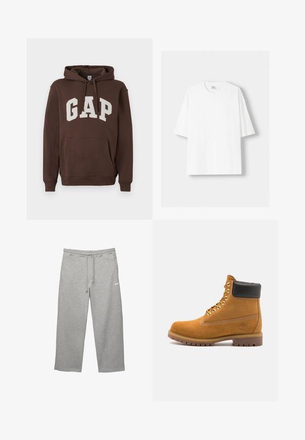 Hnědá mikina s kapucí a bílým logem "GAP", s přední kapsou, stahovací kapucí a žebrovanými manžetami a spodním lemem. Měkká textilie.; Bílá krátkosrstá tričko s krátkým rukávem vyrobené z bavlny, se zaobleným výstřihem a volným střihem. Hladká textura, bez viditelných vzorů nebo akcentů.; Šedé tepláky vyrobené z měkké látky s elastickým páskem, nastavovatelnou šňůrkou a bočními kapsami. Obsahují malé bílé logo.; Hnědé semišové kotníkové boty s černým polstrovaným límcem, zlatými kovovými očky, bílým prošíváním a odolnou gumovou podrážkou s výraznými drážkami.