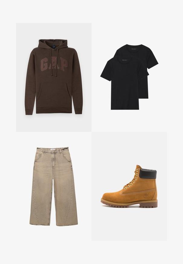 Bruine hoodie met een kangoeroezak, trekkoorden en een "GAP" logo in een lichtere bruine tint over de borst. Comfortabele katoenmix.; Twee zwarte katoenen t-shirts met korte mouwen, ronde halslijnen en een gladde textuur, gepresenteerd op elkaar gestapeld.; PULL&BEAR MEGA BAGGY - Baggy jeans - light grey; Tan suède enkelboot met zwart gevoerd kraagje, gouden metalen oogjes, witte stikdetails en een robuuste rubberen zool met uitgesproken profiel.