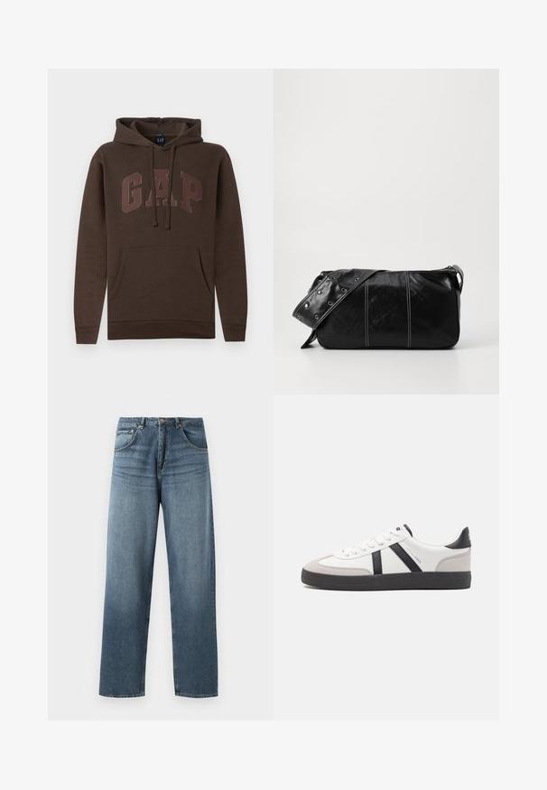 Pruun kapuutsiga pusa, millel on känguru tasku, nöörid ja "GAP" logo heledamas pruuni toonis rinnal. Mugav puuvilla segus.; Sirged sinise denimist teksad sirgjoonesega, heledama pesuga, viie tasku disainiga, metallnööpide ja vöörihmadega. Kindel, keskmise raskusega kangas.; Valged tossud mustade ja hallide aktsentidega, tekstureeritud halli varbakattega, musta kummitald ja lamedad valged paelad. Puhtad jooned, minimalistlik stiil.; Must mustra nahkainine õlakott, millel on tõmblukk, tekstureeritud pind, valged õmblused ja rihm hõbedaste rõngastega.