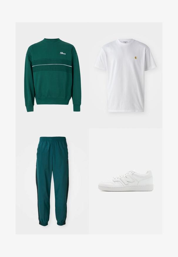 Zielona bluza z okrągłym dekoltem, z prążkowanymi mankietami i dolnym wykończeniem, z textured poziomą paskiem i logo "Ellesse" na górnej lewej części klatki piersiowej.; Biała bawełniana koszulka z krótkim rękawem, okrągłym dekoltem, z małym złotym logo na lewej części klatki piersiowej. Miękka textura i regularny krój.; Turkusowe spodnie sportowe z elastycznym paskiem, ściągaczem w pasie, elastycznymi mankietami i bocznymi czarnymi paseczkami. Wykonane z lekkiego materiału, z logo w okolicy bioder.; Białe sneakersy z gładkiej skóry, z perforowanym noskiem, teksturowaną gumową podeszwą, płaskimi sznurówkami i wyraźnym logo 'N' z boku.