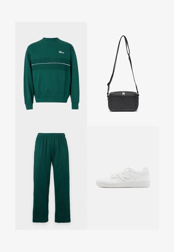 Grønn crewneck sweatshirt med ribbestrikkede cuff og kant, med en teksturert horisontal stripe og "Ellesse"-logo på øvre venstre bryst.; Mørkegrønne fleecebukser med elastisk midje, rette ben og synlige sømdetaljer foran, vist mot en hvit bakgrunn.; Hvit sneakers laget av glatt lær, med perforert tå, en teksturert gummisåle, flate lisser og en fremtredende 'N' logo på siden.; Svart skinn crossover-veske med glidelås, preget logo på fronten og justerbar stropp. Glatt tekstur med rektangulær form.