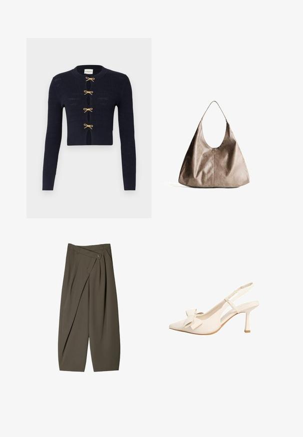 Pcopani kardigan u tamnoplavoj boji od rebrastog pletiva, s zlatnim mašnama na tri otvora i dugim rukavima.; Široke hlače od tamno maslinaste tkanine, s naboranim prednjim dijelom, kopčanjem na gumb i sjajnom, teksturiranom površinom.; Cipele s potpeticom u krem boji sa špicastim prstima i slingback dizajnom, ukrašene teksturiranom mašnom i uskom stiletto potpeticom. Glatka površina s otvorenim, izrezanim dizajnom.; Bež torba hobo od kože s glatkom teksturom. Ima veliki otvoreni vrh i jedan široki remen za rame. Zaobljen, opušten oblik.