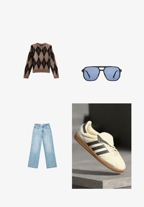 New Look ARGYLE CREW NECK MIDWEIGHT - Pullover - brown pattern; Jeans en denim bleu clair à jambe large avec une taille haute, présentant un délavage léger et de petits détails de déchirures éparpillés.; Baskets en cuir crème avec trois bandes sombres, une semelle extérieure en gomme marron et un bout arrondi. Présentent une languette pliable étiquetée "SAMBA."; Stradivarius RETRO - Lunettes de soleil - light blue