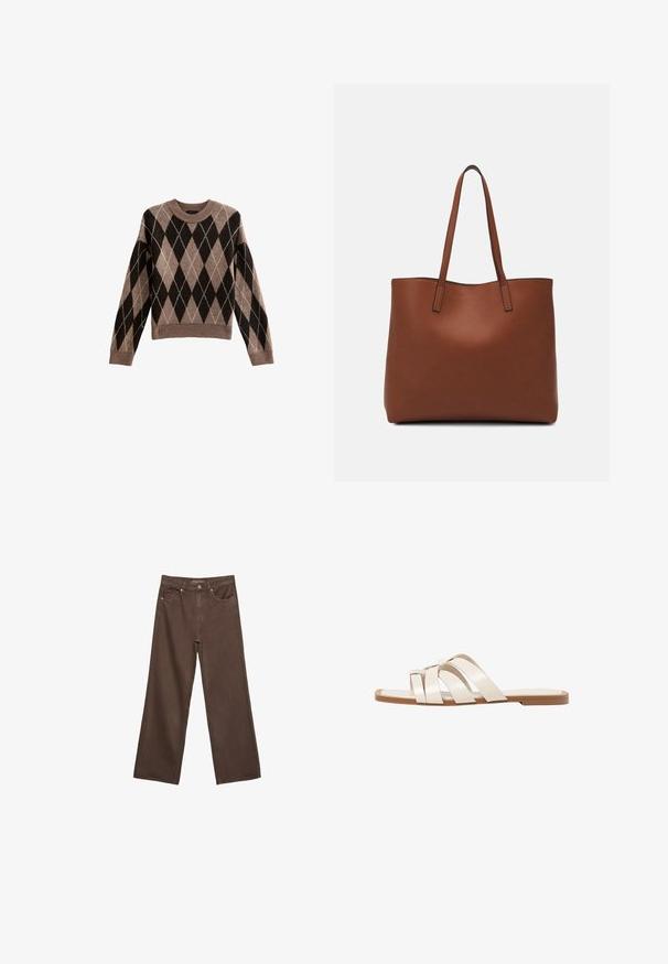 New Look ARGYLE CREW NECK MIDWEIGHT - Trui - brown pattern; Brede bruine spijkerbroek van denim, met een hoge taille, voorzakken en een klassieke knoopsluiting. Soepele textuur met subtiele stiksels.; Vlakke sandalen met een tan rubberen zool, ontworpen met drie overlappende witte leren banden en een kleine strikdetail in het midden.; Bruine leren tote bag met een gladde textuur, een ontwerp met een open bovenkant en twee schouderbanden. Kenmerkt zich door minimale stiksels en geen zichtbare hardware.