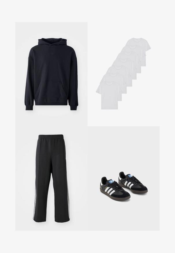 Juodas gobtuvas megztinis, pagamintas iš minkštos medžiagos, su priekinėmis kišenėmis, ilgomis rankovėmis, vejačiais rankogaliais ir subtiliu logotipu ant krūtinės.; Baltos medvilninės marškinėliai, trumpomis rankovėmis, apvaliu kaklu, lygia tekstūra, sušluoti į eilę, su subtiliu prekės ženklu ant kaklo.; Juodos sportinės kelnės su elastinga juosmens juosta, turinčios baltas šonines juosteles ir laisvą prigludimą. Pagamintos iš minkštos, tamprios medžiagos.; Juodi sportiniai bateliai su zomšos ir sintetine viršutine dalimi, turintys tris baltas juosteles, tekstūruotą gumos pado paviršių ir mėlyną logotipo etiketę ant liežuvėlio.