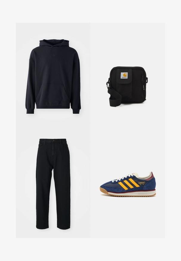 Sweatshirt com capuz preto, feito de tecido suave, com um bolso frontal, mangas longas, punhos canelados e um logotipo discreto no peito.; Calças de ganga pretas com corte reto. Apresentam um design clássico de cinco bolsos, fecho com botão e uma textura de tecido subtil.; Sneaker de camurça azul-marinho com riscas amarelas, atacadores brancos e realces em bordeaux. Sola texturizada com relevos para aderência. Logótipo da marca de lado.; Bolsa transversal preta com um compartimento principal com fecho éclair, bolso frontal, alça ajustável e um logotipo visível na aba.