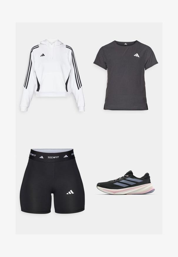 Moletom cropped branco com um bolso frontal, detalhes laterais pretos e três riscas verticais pretas em cada manga. Capuz ajustável com cordão.; T-shirt atlético de mangas curtas, cinza escuro com textura perfurada. Apresenta um logo branco e riscas laterais contrastantes. Decote arredondado.; Calções pretos feitos de um tecido elástico com um design ajustado. Apresentam uma ampla faixa na cintura preta rotulada como "TECHFIT" e um logótipo branco na perna.; Sapatilha de corrida preta com parte superior de malha, detalhes em roxo claro e três riscas cinzas na horizontal. Apresenta uma sola acolchoada para mais conforto.