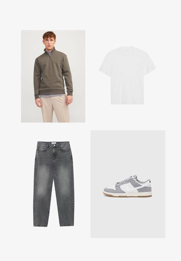 Dunkelgrüner Quarter-Zip-Pullover aus weichem Material, mit langen Ärmeln und gerippten Bündchen, über einem gestreiften Hemd und hellen Hosen getragen.; Weißes Baumwoll-T-Shirt mit kurzen Ärmeln, Rundhalsausschnitt und geradem Saum. Glatte Textur, minimalistisches Design ohne Muster oder Akzente.; Hoch taillierte, locker sitzende Jeans aus verwaschenem schwarzem Denim. Verfügt über fünf Taschen, Gürtelschlaufen und ein sauberes, gerades Bein-Design.; Graue und weiße Sneaker mit einem Obermaterial aus Wildleder und Leder, abgerundeter Spitze, flachen Schnürsenkeln und einer Gummisohle mit einem Kautschukakzent.
