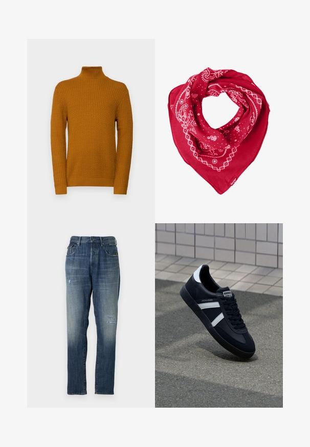 Selected Homme SLHZIG STRUCTURE - Pulóver - cathay spice; Fakó kék színű farmeregyenes szárú kialakítással, mérsékelt kopásokkal elöl, valamint klasszikus öt zsebes stílusban.; Fekete bőr sportcipő fehér csíkokkal, textúrált gumitalppal és fűzős elejével. A nyelvén márkás címke található.; Piros bandana sál, pamutzsábol készült, fehér paisley és pöttyös mintákkal, háromszög alakú, az alsó sarkában címkével.