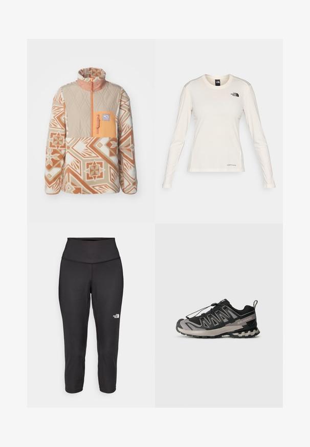 Kari Traa - Bluza z polaru; The North Face - Bluzka z długim rękawem; Czarne legginsy capri z elastycznego materiału, z wysokim pasem i małym białym logo po lewej stronie. Gładka faktura.; Czarno-szare buty sportowe z siateczkową cholewką, gumową podeszwą i elastycznym systemem sznurowania. Posiadają wzmocniony czubek i teksturowane akcenty.