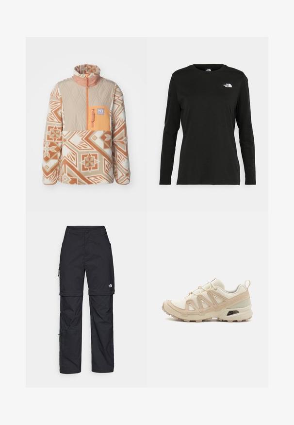 Kari Traa ROTHE - Pulover iz flisa - light brown; Črna majica z dolgimi rokavi iz bombaža z okroglo izrezom. Ima majhen bel logotip na levem prsnem delu. Enostaven dizajn in prileganje.; Črne najlon hlače z zipom, ki se lahko odstranijo, s prilagodljivimi manšetami, več žepi in logotipom na desni nogi. Gladka, lahka tekstura.; Bež in krem športni čevlji z teksturiranim mrežastim zgornjim delom, podpornimi prekrivali in gumijastim podplatom z vzorcem za oprijem.