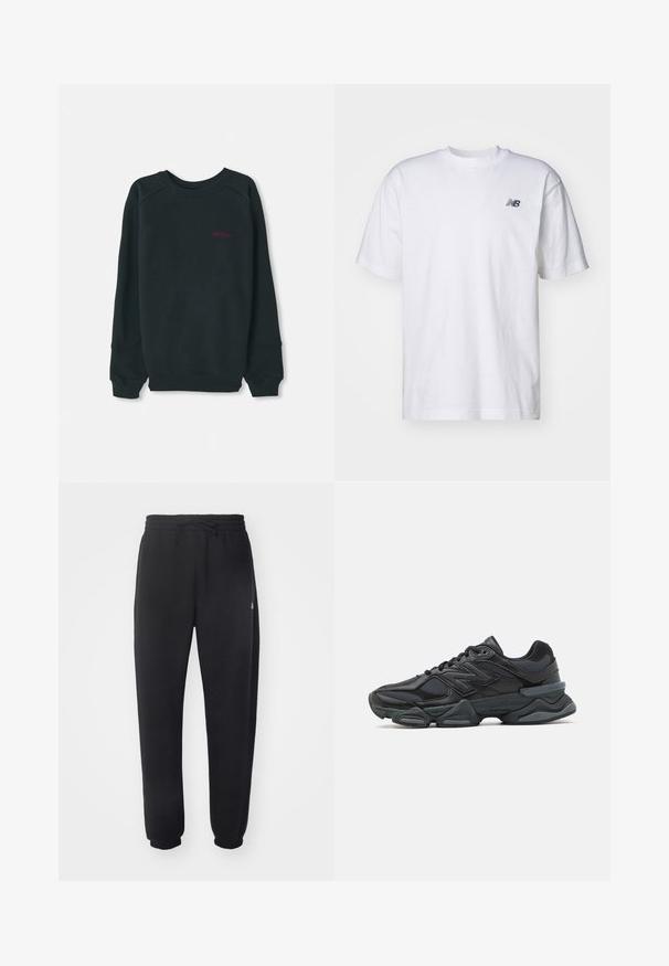 Svart hettegenser laget av bomullsmiks, med ribbet rund hals, lange ermer, og en liten rosa Timberland-logo på brystet.; Hvit kortermet T-skjorte med rund hals og liten svart New Balance-logo på venstre bryst mot en ensfarget bakgrunn.; Sorte joggebukser laget av mykt materiale med elastisk midje, snor og smale mansjetter, med en diskret logo på siden.; Svart løpesko med en blanding av mesh og syntetiske materialer, chunky såle, buet design og fremtredende merkevare på siden.