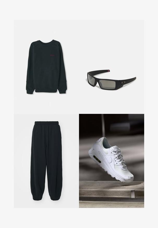 Fekete, pamut keverékből készült pulóver, bordázott, kerek nyakkivágással, hosszú ujjakkal, és egy kis rózsaszín Timberland logóval a mellrészen.; Fekete, rugalmas derékpántos melegítőnadrág, laza fit, véget érő szárakkal, sima textúrával, látható minták vagy hardver díszek nélkül.; Fehér Nike Air Max 90 sneaker, amely hálós és bőr felsőrésszel, perforált orr-résszel és látható légpárnás egységgel rendelkezik a saroknál.; Fekete napszemüveg matt felülettel, téglalap alakú lencsékkel, enyhe ívvel a templomokon, diszkrét logó részlettel és füstszínű lencsékkel.