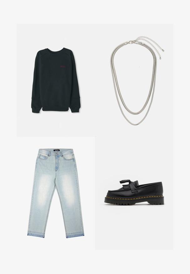 Čierna mikina vyrobená z bavlnenej zmesi, s rebrovaným okrúhlym výstrihom, dlhými rukávmi a malým ružovým logom Timberland na hrudi.; Pegador BARROW - Džínsy široké - sand washed blue; Čierne kožené loafre s detailom na strapcoch, s masívnou čiernou podrážkou a žltým prešitím pozdĺž okraja. S textúrovaným povrchom.; Trojvrstvový náhrdelník zo strieborného kovu s elegantnými, flexibilnými reťazami s jemným leskom, zabezpečený sponou typu langusta a nastaviteľným reťazcom.