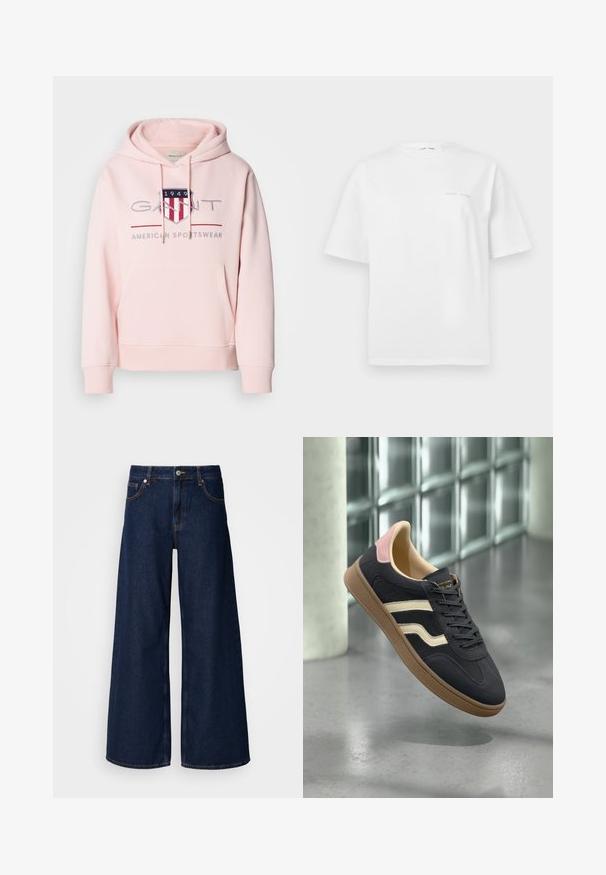 Růžová mikina s kapucí vyrobená z měkké tkaniny. Má přední kapsu, kapuci na stažení a vyšívané logo s červenými a modrými akcenty.; Bílý bavlněný tričko s krátkými rukávy, kulatým výstřihem a minimálním šedým logem na přední straně. Hladká textura, standardní střih.; Široké tmavě modré džíny s vysokým pasem, předními kapsami a knoflíkovým zapínáním. Vlastnosti zahrnují kontrastní švy a hladkou texturu.; Námořnické kožené tenisky s krémovými pruhy, růžovými akcenty na patě a texturovanou béžovou gumovou podrážkou. Klasický nízký design.