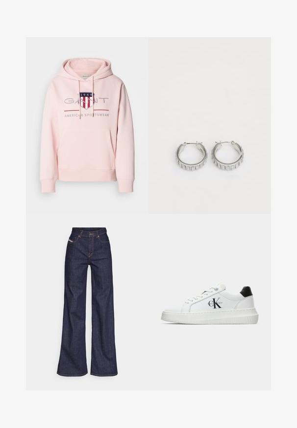 Hanorac roz cu glugă, confecționat dintr-un material moale. Dispune de o buzunar frontal, glugă cu şnur şi un logo brodat cu accente roșii și albastre.; Blugi taille mare, de culoare albastru închis, din material denim, cu croială largă, cu cusături portocalii, design cu cinci buzunare și închidere cu nasture.; Adidași albi cu glezna joasă, cu tab-ul de călcâi negru, talpă platformă, șireturi și logo-ul "CK" de la Calvin Klein pe lateral.; Cercei din argint în formă de cerc cu un design texturat, ce prezintă striții verticale. Formă circulară cu un sistem de închidere sigur. Finisaj neted.