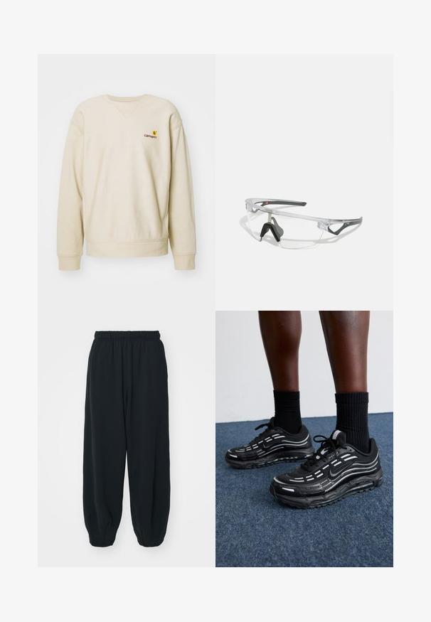 Béžová mikina s okrúhlym výstrihom a raglánovými rukávmi. Na ľavej hrudi sa nachádza malé vyšívané logo. Mäkká, textúrovaná tkanina.; Čierne tepláky s elastickým pásom, vo voľnom strihu, s manžetami na členkoch, hladkej textúry a bez viditeľných vzorov alebo kovových doplnkov.; Čierne tenisky Nike majú sieťkový zvršok s akcentovými pruhmi, textúrovaným šnurovaním a čiernu gumovú podrážku. Nosené s čiernymi rebrovanými ponožkami.; Priehľadné bezpečnostné okuliare s ľahkým, transparentným rámom a sivými akcentmi. Majú obopínajúci dizajn a nastaviteľný nosník.