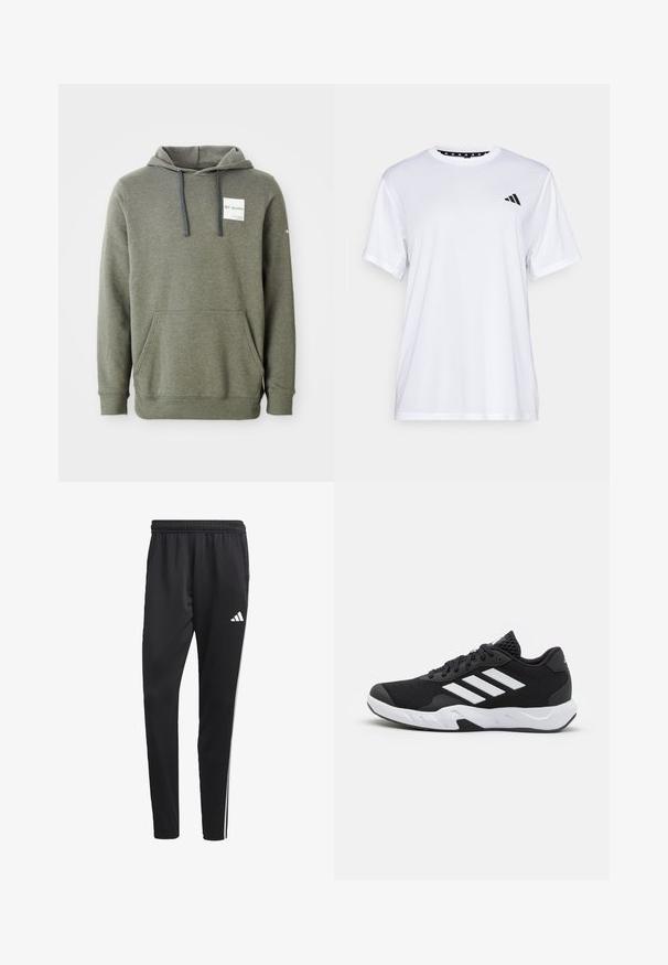 Sudadera verde oliva con un bolsillo frontal, cordones ajustables y un parche con logo en el pecho; confeccionada en una suave tela texturizada.; Camiseta atlética blanca de manga corta, hecha de una tela que absorbe la humedad. Presenta un logo negro en el lado izquierdo del pecho y un cuello interior con un diseño estampado.; Pantalones deportivos negros con una cinturilla elástica, rayas laterales blancas y un pequeño logo blanco en el muslo. Fabricados con un material suave y ligero.; Zapatillas deportivas negras con una parte superior de malla texturizada, rayas de acento blancas, suela acolchada y talón reforzado para mayor soporte.